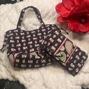 🌹VINTAGE VERA BRADLEY • elephant Print Black and Pink Mini Purse Bag Set